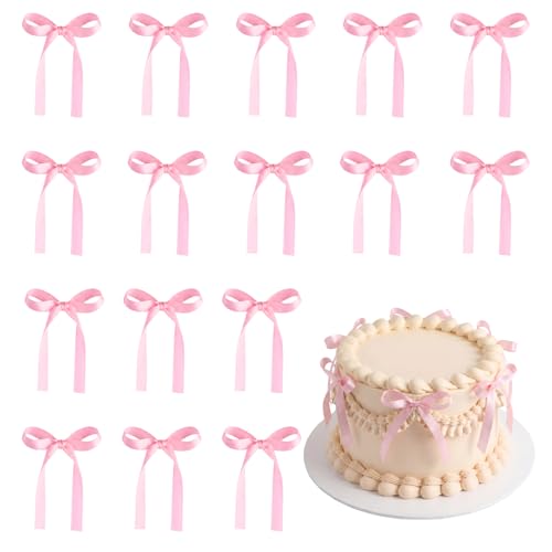 30 PCS Pink Bows for Cake Ribbon Bow Cake Topper Pink Bow Cupcake Toppers for Bridal Weddings Baby Shower Birthday Party Bachelorette Balloon Wall Decorations