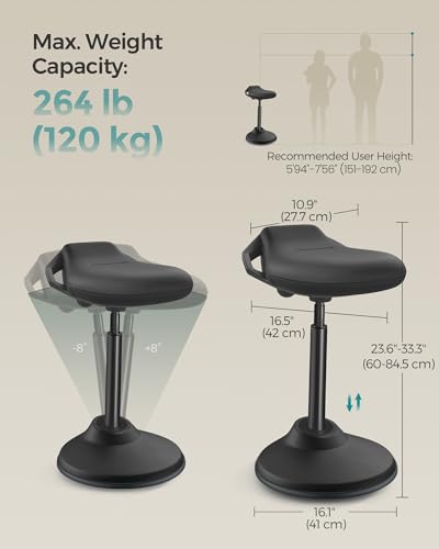 Image of SONGMICS Ergonomic Wobble Stool, Height Adjustable Standing Desk Stool 23.6-33.3 Inches, Swivel Balance Chair with Non-Slip Base, Standing Chair, for Active Sitting, Office, Home, Ink Black UOSC12BK