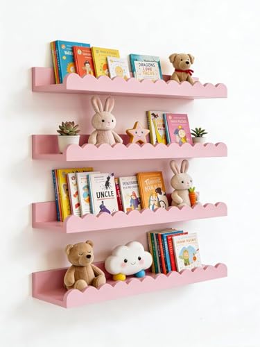 Image of Scalloped Shelves for Nursery - Wall Book Shelves for Bedroom Kids, Nursery Bookshelf for Wall Set of 4, Floating Book Shelves Solid Wood,18 Inch (Pink)