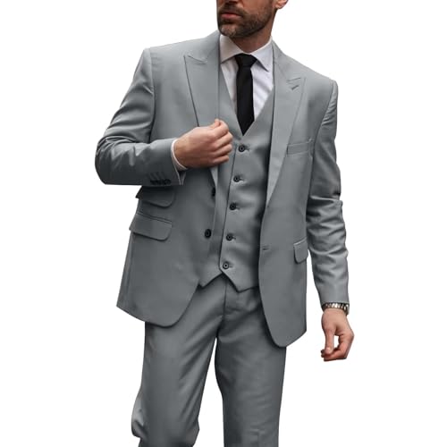 Men Suit Set 3 Pieces Formal Slim Fit Blazer Vest Pants Peak Lapel Solid Color Wedding Groomsmen Outfit