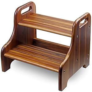 Wood Step Stool for Kids and Toddlers Natural Acacia Solid Wood Portable 2 Handles Wider 2 Steps Safe Non Slip Bottom Rounded Corners Supports up to 300 lbs Perfect for Children Natural