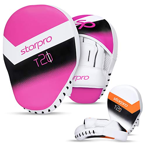 Starpro T20 curvos Manoplas Boxeo | Cuero de PU | Blanco y Rosa | Pads para Coaching en Boxeo MMA Kickboxing Artes Marciales Muay Thai y Entrenamiento