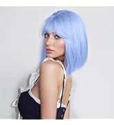 Light Blue Bob Wig with Bangs Short Straight Blue Wig for Women Shoulder Length Wigs Colorful Syn...