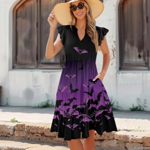Image of Womens Summer Dress Ruffle Sleeve V Neck Dress Casual Fit Flowy Beach Vacation Sundress with Pocket S-2XL
