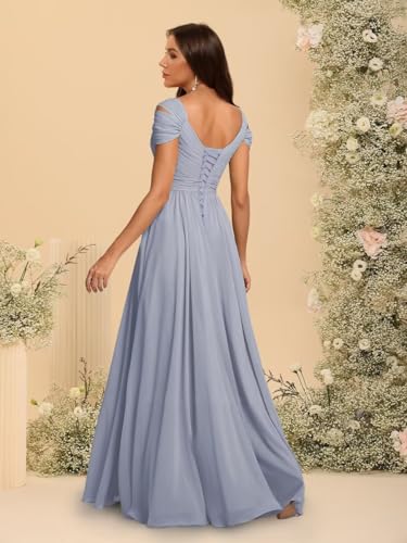 Women's Off Shoulder Bridesmaid Dress with Slit Pleated Chiffon V Neck A Line Formal Evening Dress4