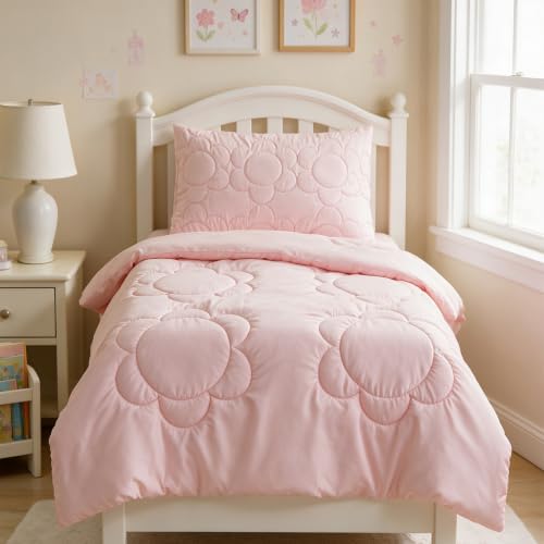 Image of CLOTHKNOW 4Pieces Pink Toddler Bedding Sets for Girls | Soft, All Season, Kids Comforter, Blush Comforter Sets, Blush Daisy Puff Bedding, Crib Bed Sets