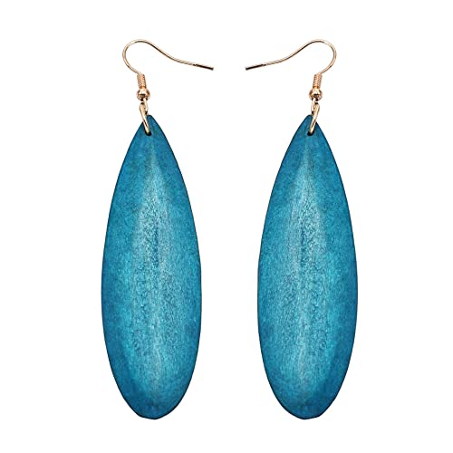 Bohemian Geometric Natural Wooden Earrings Dangle Lightweight Teardrop African Ethnic Statement Drop Earrings For Women Girls-Blue Long #TOP1