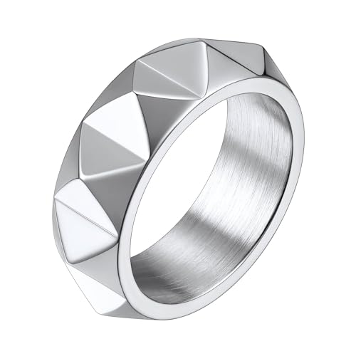 ASUIU Hexagon Stainless Steel Ring for Men – 7.5MM Geometric Band, Durable & Scratch-Resistant, Modern Silver/Black/Gold Jewelry (Stainless Steel, 7)