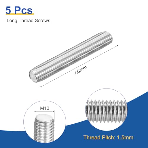 QUARKZMAN M10x60mm Vollgewinde-Stange, 5 Stück 316 Edelstahl Langgewindeschraube 1,5mm Gewindesteigung Rechtsgewinde für Möbelmontage und Befestigung
