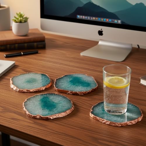 Image of Natural Agate Stone Tea Coasters Set | Premium Stone Coasters for Tea, Coffee & Glass | Heat Resistant Coasters for Dining Table, Office Desk & Home Decor | Pack of 4 | Color -Green
