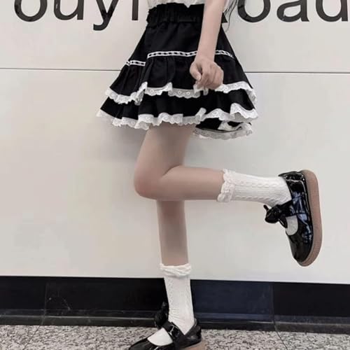 Pokn Women Harajuku Lolita Fashion Kawaii Goth Clothes Elastic High Waist A-Line Vintage Lace Layered Short Skirt3