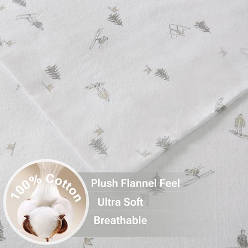 True North by Sleep Philosophy Flannel Sheets Twin Size, Cozy 100% Cotton Flannel Bed Sheets, Ultra Soft Cute Sheet Set, Elastic Pocket Fits Up to 12" Mattress, Skiiers 3 Piece