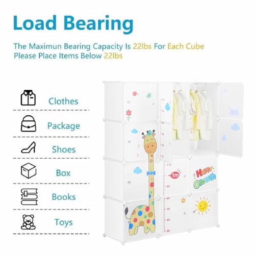 Image of Little Olive Plastic Wardrobe with Growth Chart | Modular Cartoon Giraffe Storage Cabinet for Kids Room | Spacious Multi Cube Organizer for Toys and Clothes | Matte White Nursery Furniture