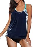 Dokotoo Tankini Damen Bauchweg Bademode Set Zweiteiliger Badeanzug Push up Gepolstert Tankinis Oberteil mit Slip, blau, L