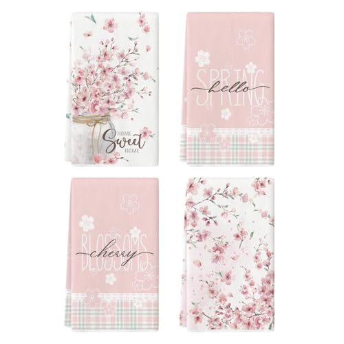 Artoid Mode Jarrón de flores de cerezo Hola Primavera, paños de cocina, 42 x 65 cm verano hogar dulce decoración del hogar toallas de poliéster juego de 4