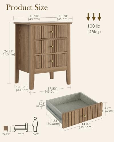 Image of Fluted Nightstand, Farmhouse Night Stand with 3 Drawers, Mid Century Modern Side Accent Table,Bedside End Table for Bedroom, Living Room, Natural