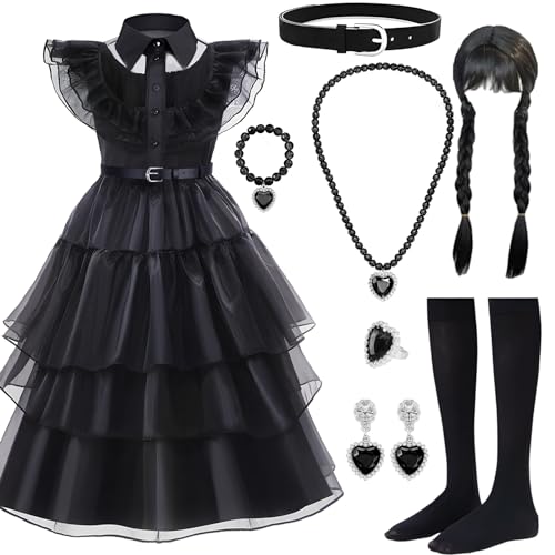 NINGESHOP Disfraz Halloween para Niña,8pzs.Halloween Vestido con Peluca y Accesorios de Joyería,Disfraz Miercoles Niña,Vestido Negro de niña para Cumpleaños Cosplay Halloween Carnaval,140cm