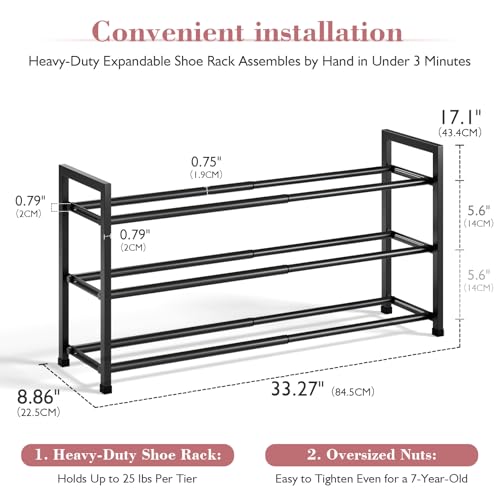 image for Bumusty 3-Tier Expandable Shoe Rack for Closet, 18“-33” Adjustable