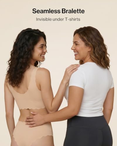 Image of Ubras Deep V Seamless Bras for Women Scalloped Wireless Bralette Comfortable Soft Everyday Sleep Bras Smart Size