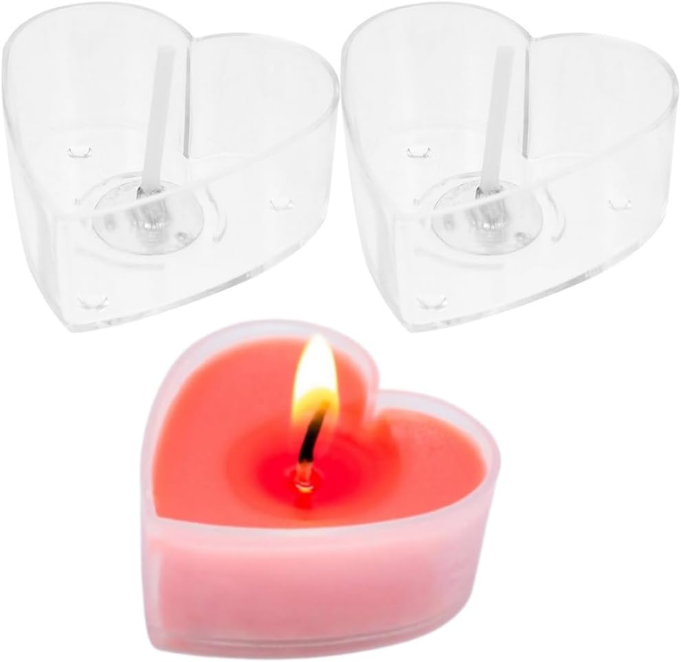 jojofuny 30Pcs Heart Shaped Candle Cups 1.57X1.49X0.66In Plastic Tea Light Containers with 30 Candle Wicks for DIY Making Crafts