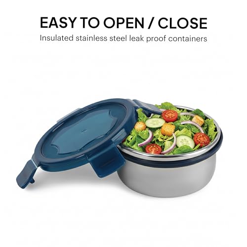 Image of CELLO Complete Meal Lunch Box Set with Jacket for Office Use Blue | 3 x 300ml Steel Container, 1 x 130ml Pickle Container, 500ml Water Bottle with Spoon & Fork | Airtight Tiffin Box Set for Daily Use