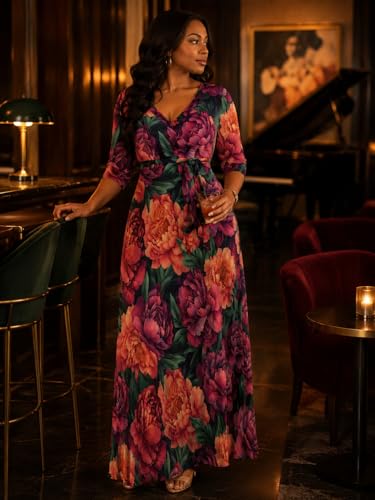 Image of SUZONANA Plus Size Dresses for Women Floral Print Maxi Dress Flowy 3 /4 Sleeve with Belt