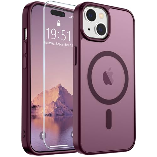 Image of SUPFINE Magnetic for iPhone 15 Case (Compatible with MagSafe) (Military Grade Drop Protection) Slim Translucent Matte Shockproof with Anti-Fingerprint Phone Case, Wine Red