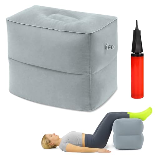 Bandscheibenwürfel Aufblasbar mit Pumpe, Stufenlagerungswürfel, Schaumstoffwürfel, Aufblasbarer Hocker, Fußstütze Flugzeug Kinder (Hellgrau, 2 Schichten)