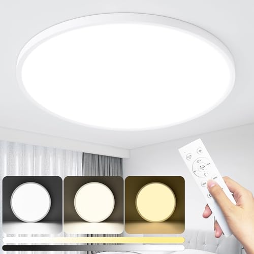 KIWIVIC 48W Ceiling Lights, LED Ceiling Light Dimmable with Remote Control, Bedroom Lights Ceiling 3000-6500K Ø50cm, White Flush Ceiling Light for Living Room Bedroom Kitchen Office