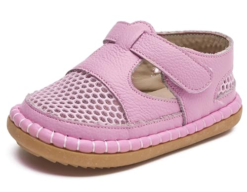 DADAWEN Boy's Girl's Leather Closed Toe Summer Athletic Sandals Baby Toddler Lightweight Non-Slip Soft Sole Outdoor Walking Shoes Pink US Size 4 Toddler
