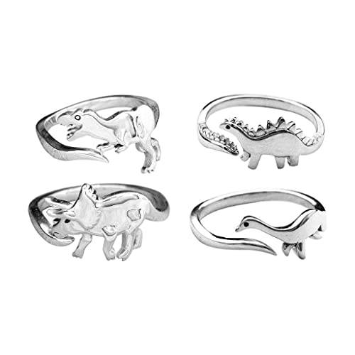 zalati - zalati Lot de 4 bagues en alliage motif dinosaure - Élégantes et réglables - Ornement animal - Bijoux jurassiques pour femmes, hommes, garçons et filles, Métal