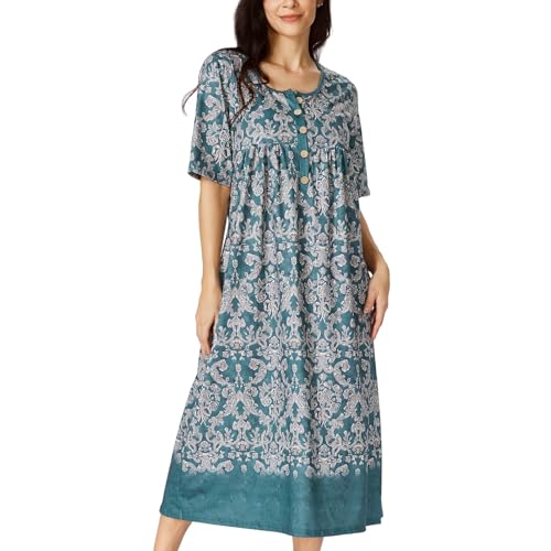 Image of Women's Casual V Neck Midi Tshirt Dress Boho 2025 Summer Short Sleeve Beach Dresses with Pockets