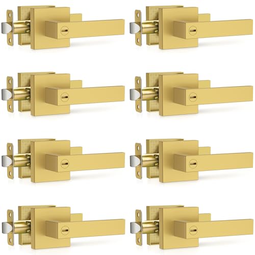 Plustool 8 Pack Brushed Gold Door Handles, Interior Door Knob Heavy Duty, Flat Square Privacy Door Locks, Keyless Door Leverset for Bedroom and Bathroom