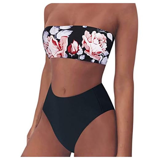 Rxcococo - Bikini da donna a vita alta, a fascia, con stampa leopardata, senza spalline, costume da bagno Nero Motivo floreale nero.