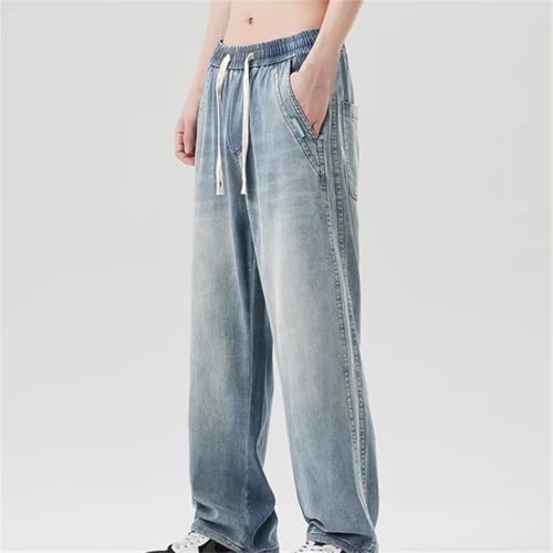 Men's Summer Thin Denim Jeans Loose Fit Straight Leg Elastic Waist Casual Long Pants Plus Size4