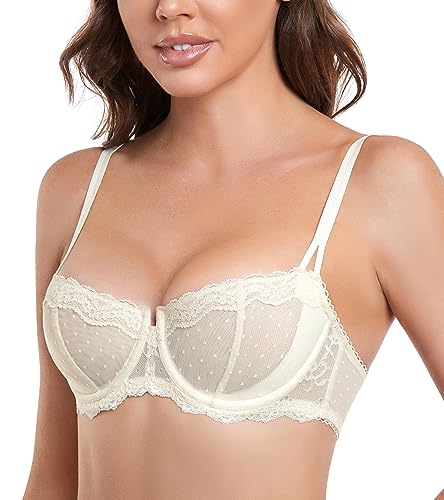 DotVol Women's Balconette Sheer Lace Half Cup Unpadded Underwire Push Up Bra(Nude, 34DD)