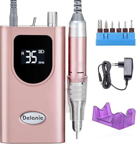 Delanie Elektrische Nagelfr&auml;ser 35.000 U/min, Akku-Nagelfr&auml;ser f&uuml;r Acryln&auml;gel Nagellack, wiederaufladbare elektrische Nagelfeile mit Nagelbohrern, Verstellbare Geschwindigkeit und Richtung -rosagold
