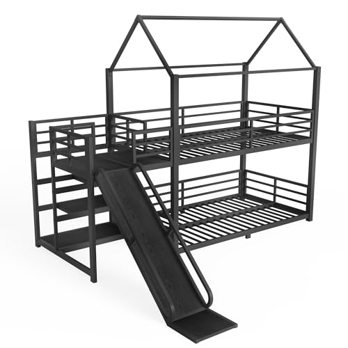 Image of Bellemave Metal Bunk beds Twin Over Twin with Slide and Storage Stairs, House Floor bunk Bed with guardrail for Kids,Black