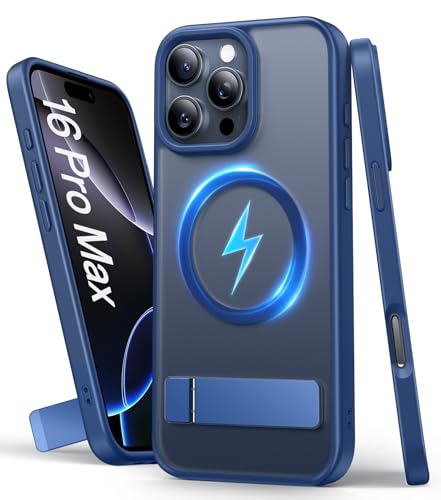 Image of Vihibii Silicone For iPhone 16 Pro Max Case Magnetic Back With Build-In Stand,[Compatible With Magsafe],Rugged Shockproof Case Protective Back & Translucent Matte Slim Cover 2024 6.9 inch,Blue