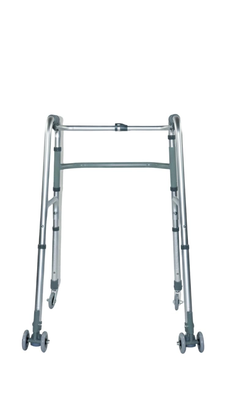 Ausilium Deambulatore Pieghevole a 4 Ruote in Alluminio, Ruote Anteriori Piroettanti e Posteriori Gemellate con Freno, Manopole Ergonomiche Imbottite, 3,4 kg, Portata 120 kg, Altezza Regolabile