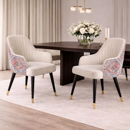 Image of Velvet Accent Chair | Modern Upholstered Dining Chair for Living Room, Office, Lounge & Vanity | Sturdy & Stylish Armchair (Floral, White)