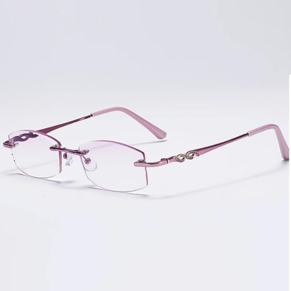 Gafas De Lectura Sin Marco Mujeres Moda Gafas de computadora Corte de diamante Gafas Anti Glare Metal Morado Templos +3.0