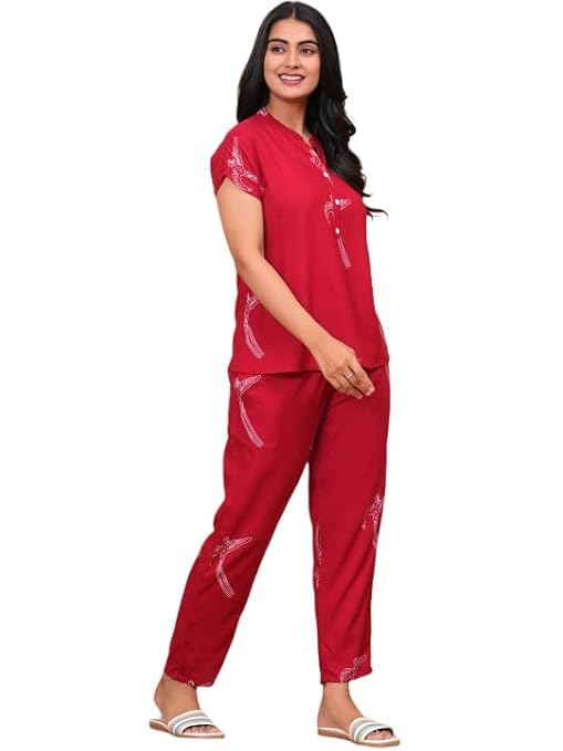 Women’s Printed Night Suit Set | Soft Rayon Nightwear Co-Ord Set | Half Sleeve Top & Pajama Lounge Wear-picture-41