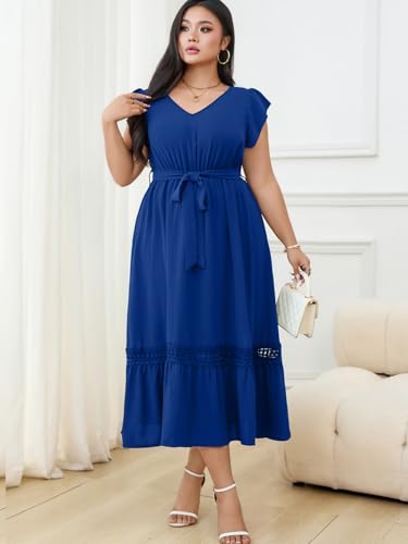 Image of RWJ Women Plus Size Summer Maxi Dress V Neck Cap Sleeveless Cocktail Casual Dresses with Belt