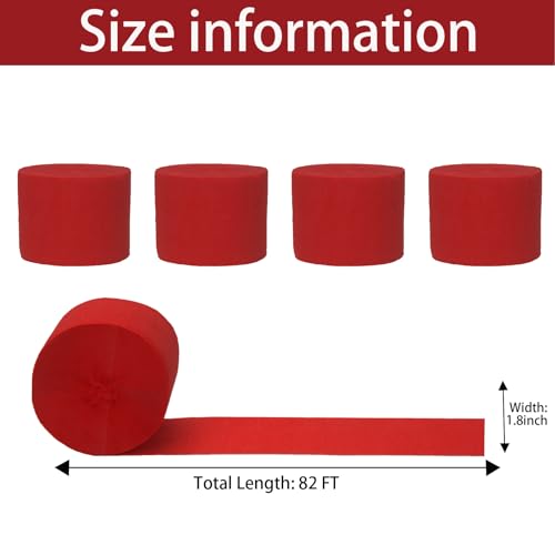 Red Crepe Paper Streamers for Wedding Birthday 4Rolls, 328ft Party Streamers for Baby Bridal Shower Decorations Christmas Craft Festival Supplies Halloween Anniversary Party Crepe Paper Decors