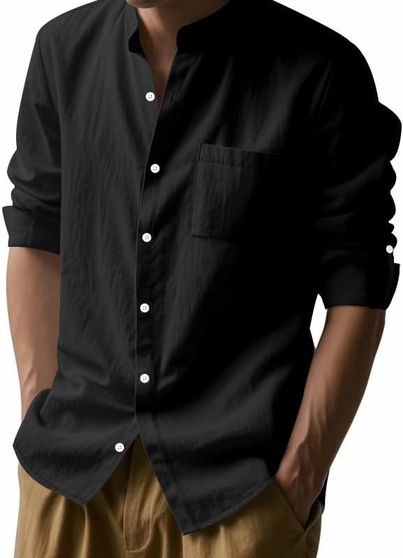 Men's Linen Blend Shirt - Long Sleeve Solid Color Button Down Henley Casual Shirt for Vacation Business - Image 2