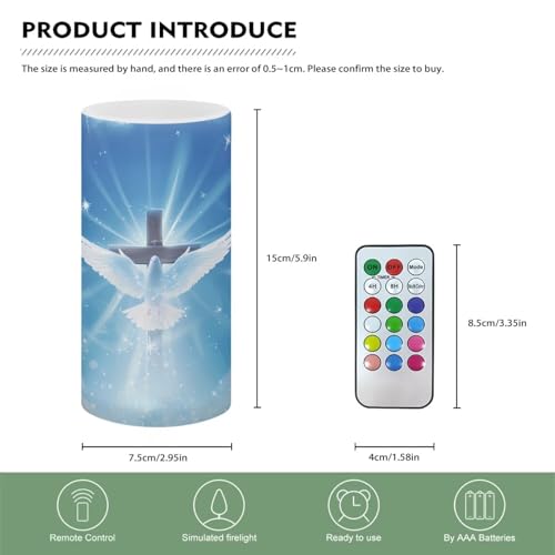 Image of Poceacles Dove of Peace Cross Blue Flameless LED Candle Flickering Wick Electric Candles with Remote Timer Color Changing Fake Pillar Candle for Home Indoor Tabletop Wedding Decoration