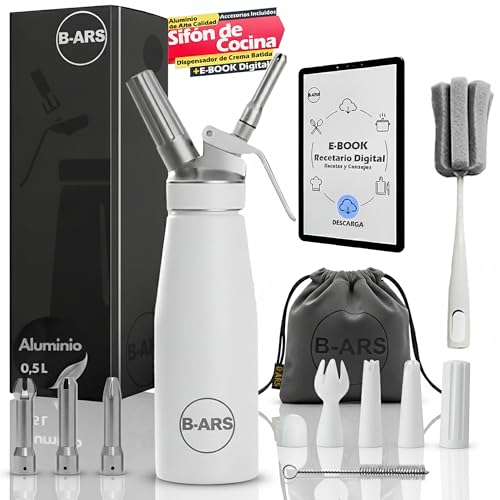 B-ARS Sifón De Cocina Profesional Aluminio Blanco 500ML Con Boquillas Plásticas Y Acero Inox Cepillo Limpieza Bolsa Accesorios Ideal Para Espumas Dulces Y Saladas Nata Mousse Fácil De Usar.