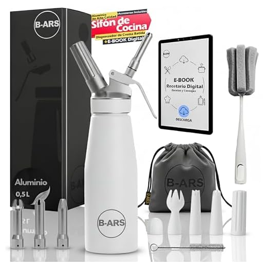 B-ARS Sifón De Cocina Profesional Aluminio Blanco 500ML Con Boquillas Plásticas Y Acero Inox Cepillo Limpieza Bolsa Accesorios Ideal Para Espumas Dulces Y Saladas Nata Mousse Fácil De Usar.