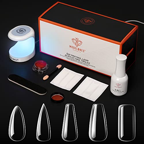 Modelones Nail Tips and Glue Gel Kit, Ultra-Portable LED Nail Lamp, Upgraded 15ml 6-in-1 Nail Glue/Base Gel/Top Gel/Blooming Gel/Extension Gel/Nail Strengthener with 240Pcs Press on Nails Coffin Tips/Almond Tips/Square Tips/ Nail Art Acrylic Nail Kit